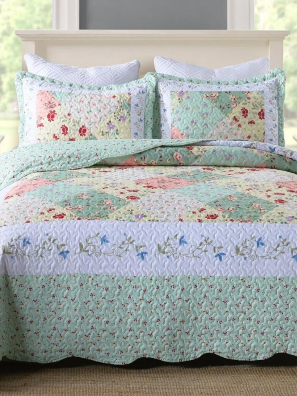 3-Piece Floral Printed Quilt Set Lightweight Bedspread Set Coverlet Set